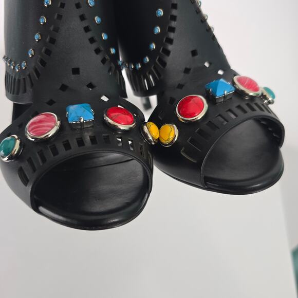 Gucci Lika Laser Cut Black Leather Jewel Studded Heeled Open Toe Booties 40 - Picture 10 of 15